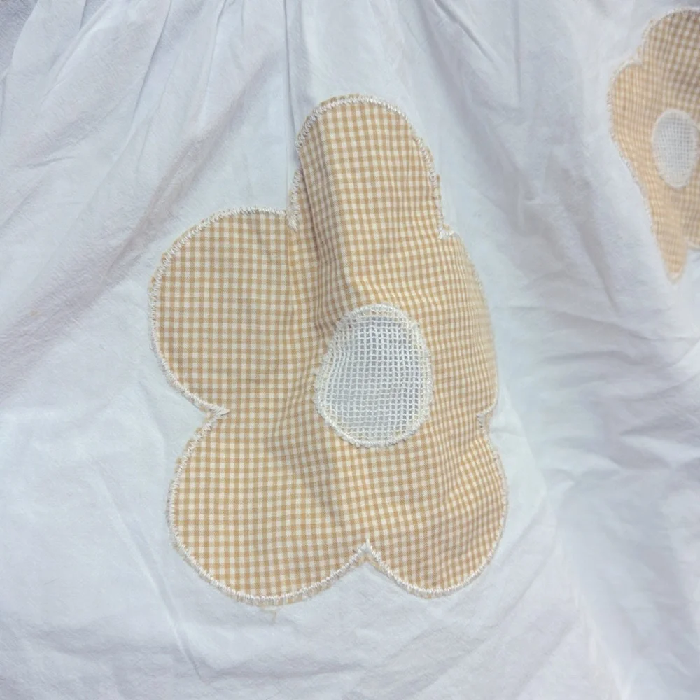 Madewell White and Yellow Crop Blouse with Puff Sleeves and Tie Front